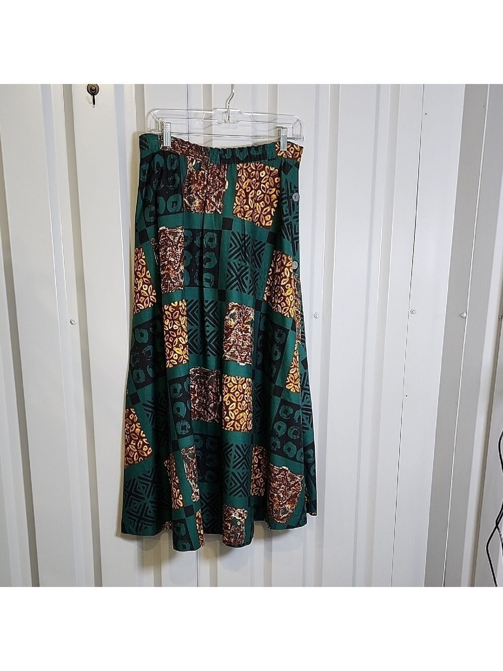 Gene Ewing BIS Vintage 80s Patchwork Print Circle Skirt Green Brown Size Small